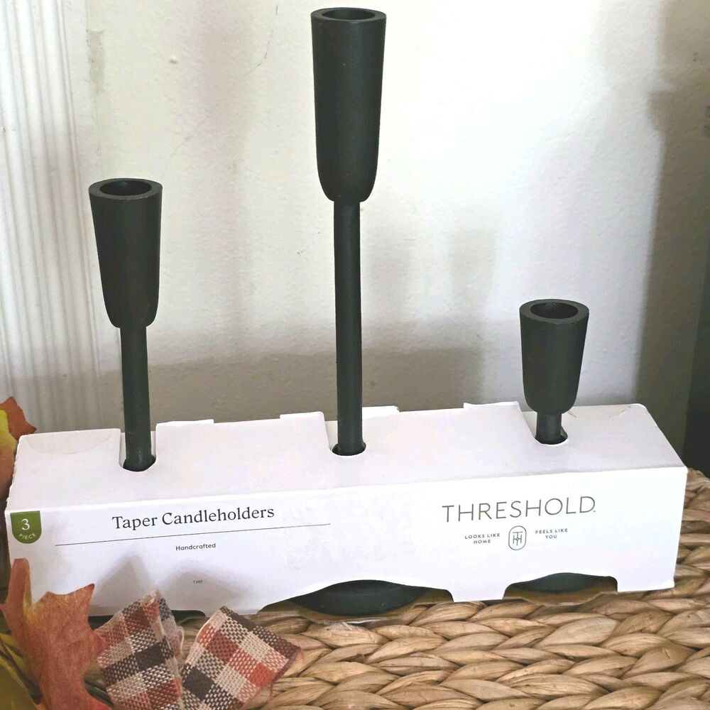 Threshold Black Aluminum Handcrafted Taper Candleholders, 3 Piece Set New in Box